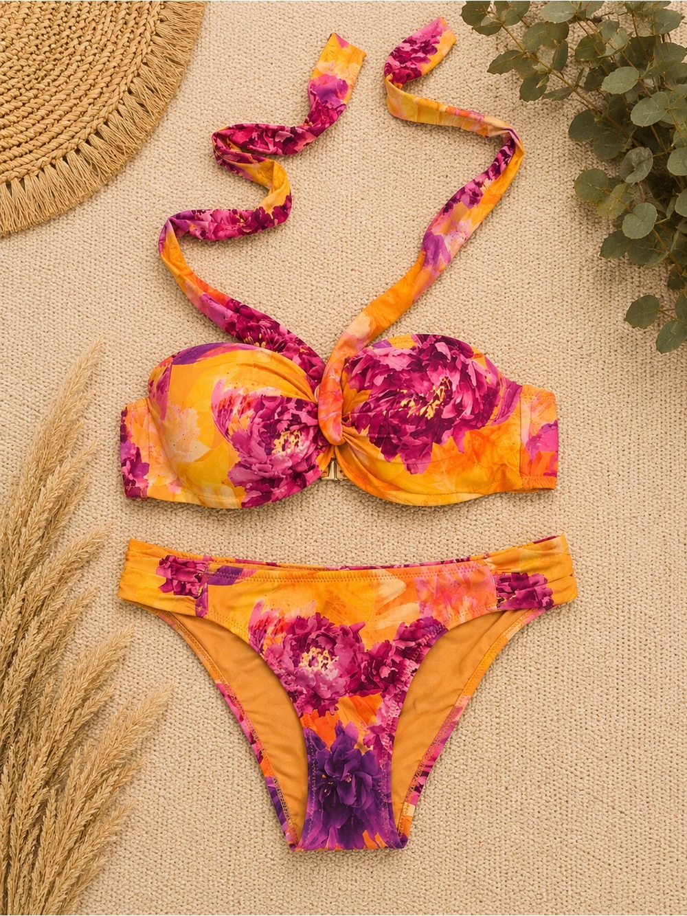 Floral Halter Bikini Set in Orange and Pink